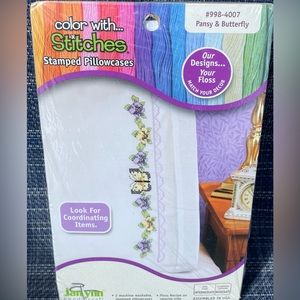 Janlynn #998-4007 Pansy & Butterfly Stamped Cross Stitch Pillowcases-Set of 2